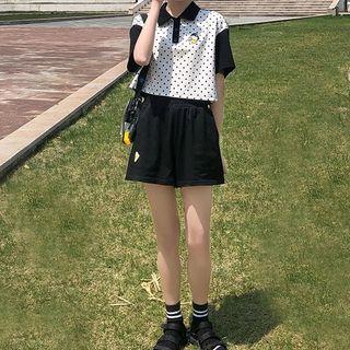 Raglan-sleeve Dotted Panel Top / Patched Shorts