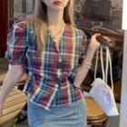 Puff-sleeve Plaid Button-up Blouse Red & Blue - One Size