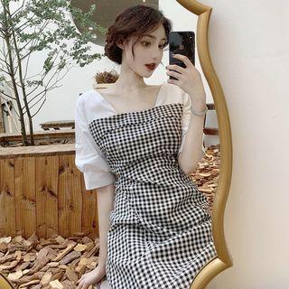 Mock Two-piece Short-sleeve Gingham A-line Dress As Shown In Figure - One Size