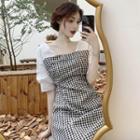 Mock Two-piece Short-sleeve Gingham A-line Dress As Shown In Figure - One Size