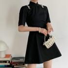 Short-sleeve Rhinestone Floral A-line Dress