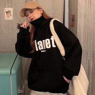 Lettering Print Turtleneck Hoodie