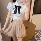 Crop Shirt / Bowtie / Pleated Mini A-line Skirt / Set