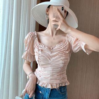 Ruffle Trim Short-sleeve Shirred Cropped Blouse