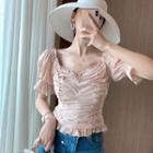 Ruffle Trim Short-sleeve Shirred Cropped Blouse