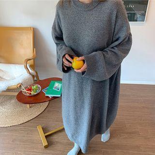 Long-sleeve Plain Sweater Dress Gray - One Size