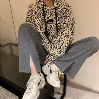 Long-sleeve Leopard Hoodie / Plain Slit Sweatpants