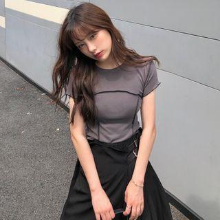 Short-sleeve Contrast Stitching Cropped T-shirt