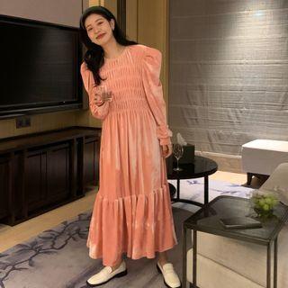 Long-sleeve Shoulder-padded Velvet Midi Dress