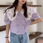 Short-sleeve Lace Panel Double-breasted Blouse