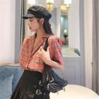 Plaid Short-sleeve Shirt / Buckle Accent Skirt As Figure - One Size