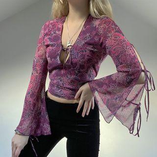 Printed Front Tie V Neck Bell Sleeve Top