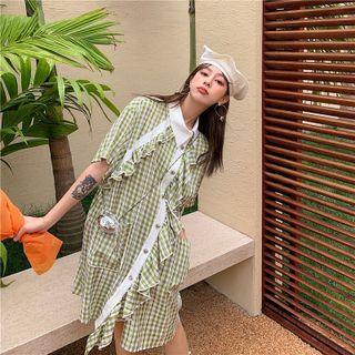 Ruffle Trim Gingham Midi Shirtdress