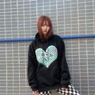 Front Pocket Heart Print Hoodie Black - One Size