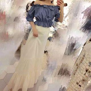 Set: Bow Off-shoulder Top + Maxi Skirt