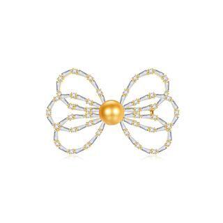 Simple Temperament Plated Gold Ribbon Champagne Imitation Pearl Brooch With Cubic Zirconia Golden - One Size