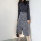 Color-block Long-sleeve Top / Tweed Irregular Skirt