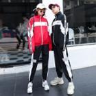 Couple Matching Lettering Color Block Zip Jacket / Color Block Harem Pants