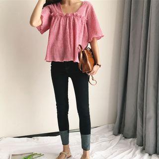 Plain Frill Trim Elbow Sleeve Top