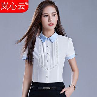 Set: Contrast Collar Short-sleeve Pintuck Shirt + Skirt