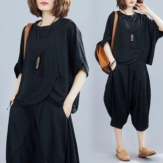 Set:plain Elbow-sleeve Blouse + Cropped Harem Pants