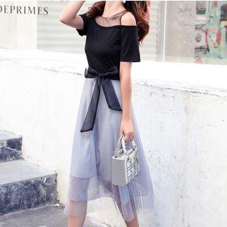 Set: Sheer Panel Short-sleeve Top + Sheer Panel Midi Skirt