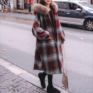 Faux-fur Plaid Hooded Midi Coat