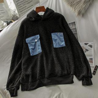 Pocket Detail Faux Shearling Hoodie Black - One Size