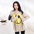 Smiley Face Print Fringed Sweater