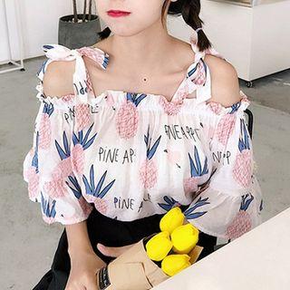 Pineapple Print Short-sleeve Cold-shoulder Top
