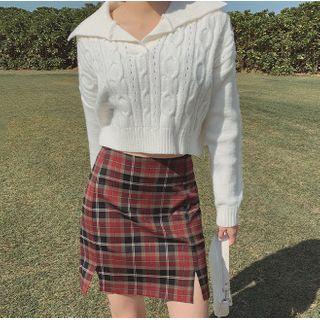 Cropped Lapel Cable Knit Top White - One Size