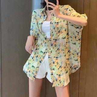 Short-sleeve Floral Print Hawaiian Shirt Green - One Size