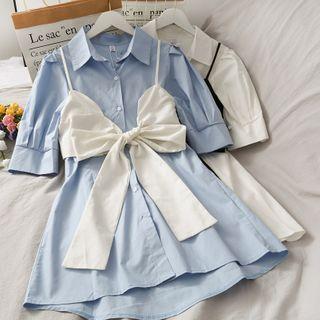 Puff-sleeve Mini Shirtdress With Ribbon Vest