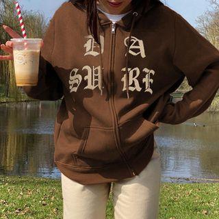 Letter Print Hooded Zip-up Jacket