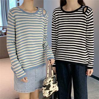 Asymmetric Cutout Shoulder Long-sleeve Stripe Top