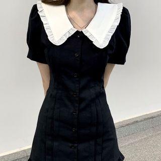 Short-sleeve Collared Mini A-line Dress Black & White - One Size