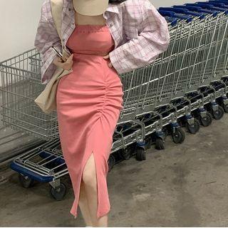 Bandeau Top / Midi Pencil Skirt / Plaid Shirt / Set