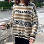 Long-sleeve Round-neck Striped Color-block Pattern Knit Top