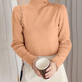 Long-sleeve Ruffled Trim Mock-neck Knit Top