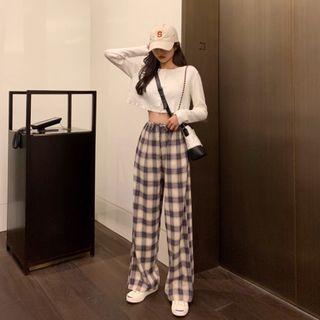 Long-sleeve Button T-shirt / Plaid Wide-leg Pants