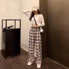 Long-sleeve Button T-shirt / Plaid Wide-leg Pants