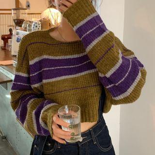 Striped Cropped Sweater Stripes - Purple & Dark Greenish Yellow - One Size