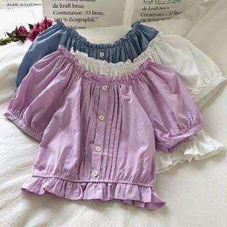 Off-shoulder Frill Trim Puff-sleeve Blouse