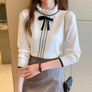 Mock-neck Frill Trim Ribbon Accent Knit Top