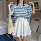Short-sleeve Striped T-shirt / Ruffle Trim Mini A-line Skirt