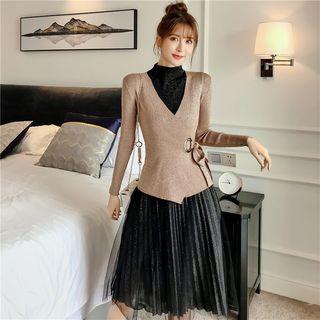 Set: Glitter Wrap Knit Top + Mock-turtleneck Accordion Pleat Dress