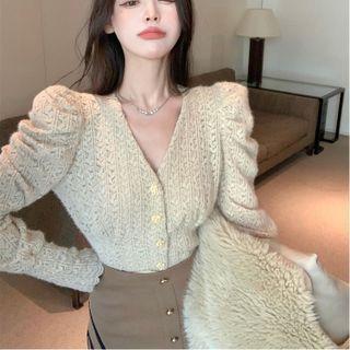 V-neck Lace Cropped Blouse Almond - One Size