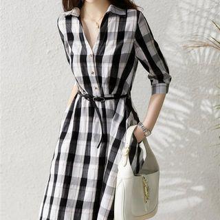 Elbow-sleeve V-neck Plaid Midi Dress