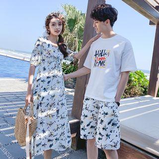 Couple Matching Short-sleeve Floral Print T-shirt / A-line Dress
