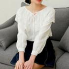 Long-sleeve Lace Collar Top White - One Size